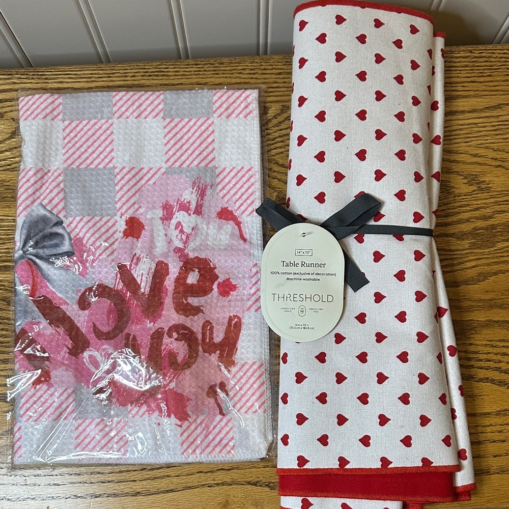Threshold Heart Pattern Table Runner and Live You Dish Towel in Red and White.